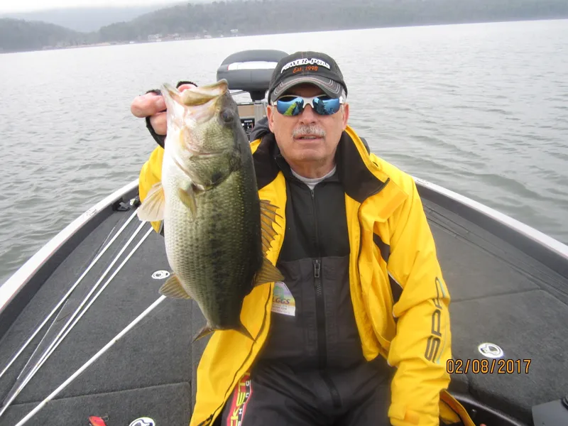 Person in a yellow jacket holding a large fish on a boat in a lake.